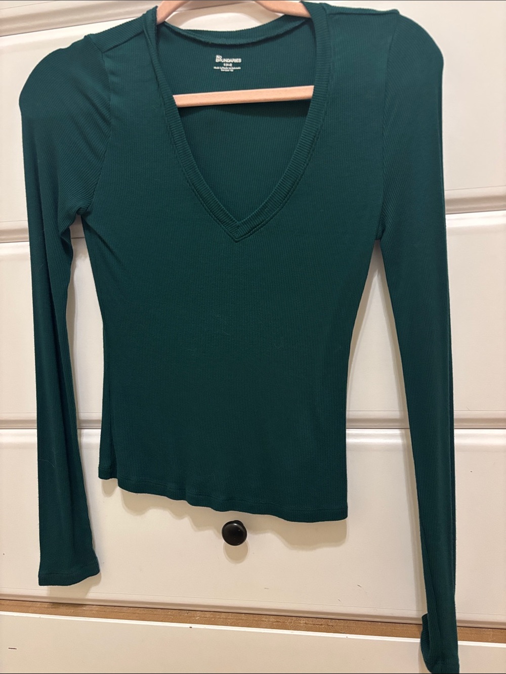 No Boundaries Teal Ribbed V-Neck Long Sleeve Top